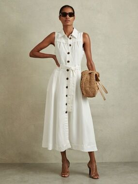 Reiss NWT $298 Viscose-Linen Blend Belted Midi Dress in White size 14